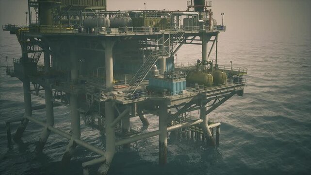Offshore oil rig energy infrastructure with processing modules and storage vessels, intricate pipework across deck, vast sea backdrop, industrial supply