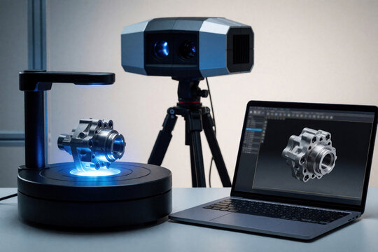 Industrial 3D scanner performs reverse engineering on metal engine part. Pro optical sensor on tripod scans mechanical component on rotating turntable. Digital twin model appears on laptop screen in