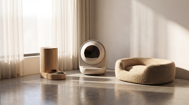 Smart pet corner with automatic wooden feeder self cleaning cat litter box and cozy boucle pet bed in minimalist sunlit interior with sheer curtains and concrete floor