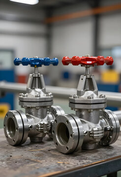 Industrial infrastructure and engineering, metal gate valves with red and blue handles for fluid control in manufacturing plant or oil and gas pipeline
