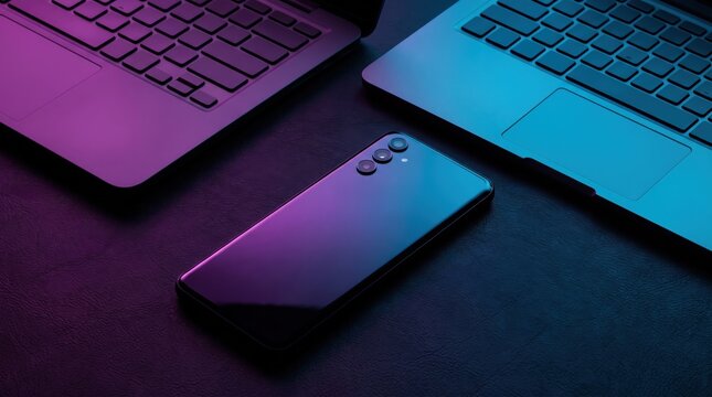Modern Neon Workspace With Smartphone Between Two Laptops Reflecting Blue And Purple Lighting

