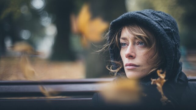 close up portrait of a thoughtful woman sitting alone on a park bench, her sharply focused while a few autumn leaves drift slowly across