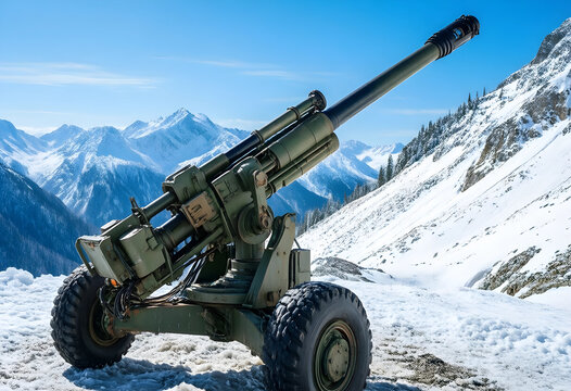 Military defense and national security, heavy artillery howitzer positioned in snowy mountain landscape for border protection and tactical combat readiness