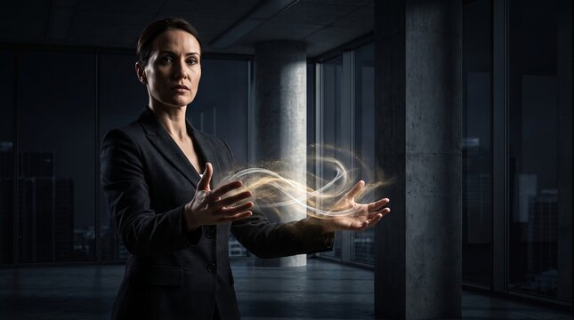      Executive Holding Luminous Digital Holographic particles in Modern Office,      Enterprise Cyber Security Data Protection and Risk Governance Concept