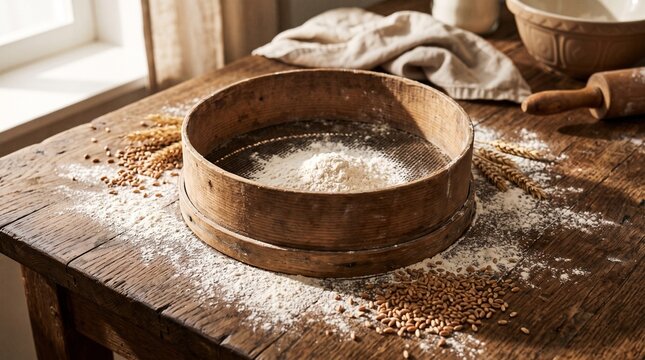 Editorial photo of a vintage wooden flour sifter with scattered flour and raw wheat grains on a rustic kitchen table