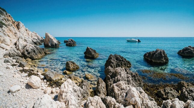 Rocky coastline with clear turquoise sea water under blue sky. Sharp rocks jut out from ocean waves. Small white motorboat floats on calm Mediterranean sea. Beautiful summer landscape shows natural