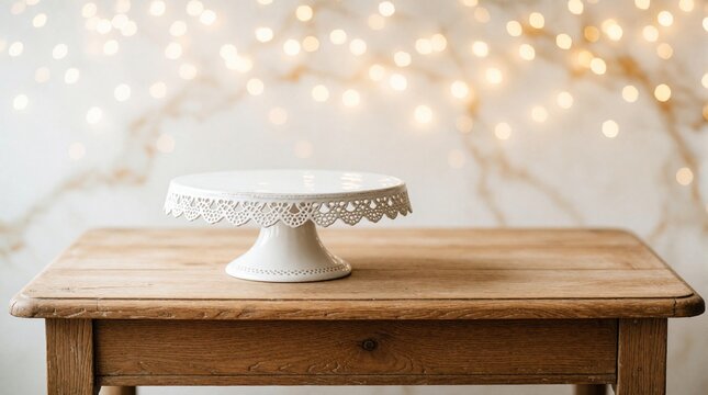 Empty white ceramic cake stand with lace pattern on rustic wooden table. Elegant dessert plate sits under soft bokeh lights. Blank pedestal ready for pastry, sweets birthday cake in cozy cafe home