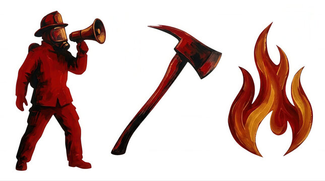 A firefighter in a bright red uniform uses a megaphone to communicate while standing next to a fire axe and a stylized flame graphic, symbolizing fire fighting and emergency response
