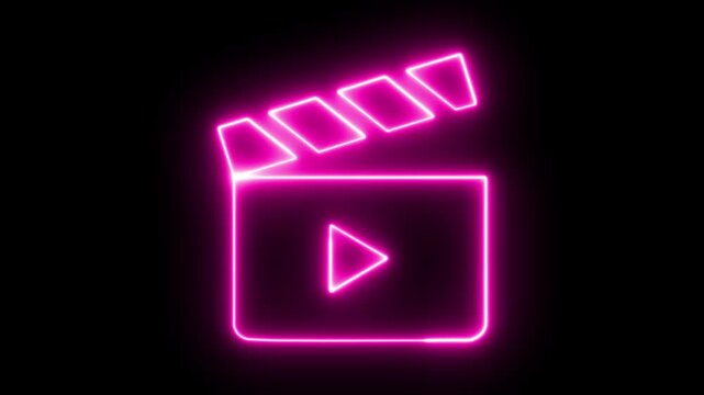 Neon pink clapperboard icon with a play symbol on a black background