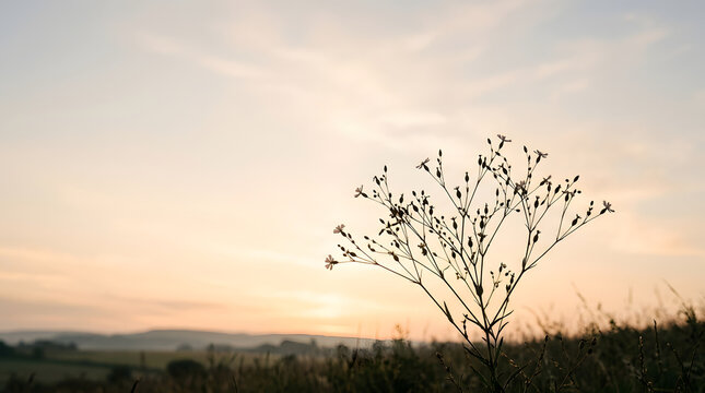 Delicate plant silhouette against a soft, gradient sunset sky with peach and blue tones, creating a tranquil and aesthetic natural scene, ideal for peaceful design, digital backgrounds, and calm br
