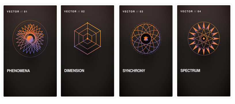 Futuristic geometric posters with abstract line art, set of 4 vector designs on dark background, orange and purple gradient sacred geometry