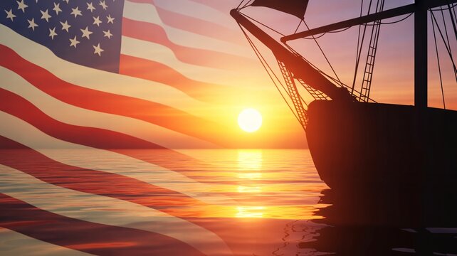 United states flag overlay with silhouette of historic sailing ship at sunset over the ocean horizon