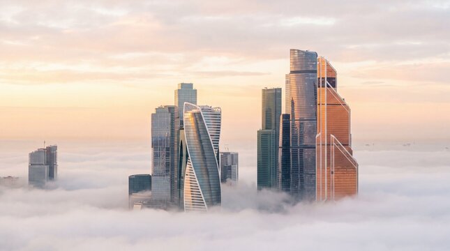 Skyscraper Tops Rising Above Thick Fog at Sunrise