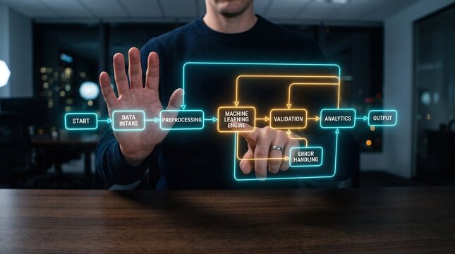 A user adjusts glowing holographic machine learning data processing flowchart nodes.