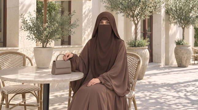 Muslim woman in brown niqab and abaya sitting at a cafe table with a
