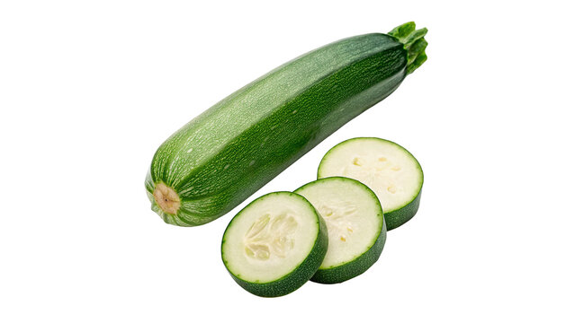 Fresh green zucchini squash whole and sliced pieces isolated on transparent background