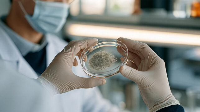 Overhead close up of a glass petri dish containing grey particulate matter collected from a city air filter, a Korean laboratory technician in latex gloves examining the sample