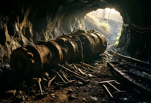Industrial decline and mining heritage, abandoned heavy machinery and rusted tools inside a dark coal mine tunnel with natural light at the entrance