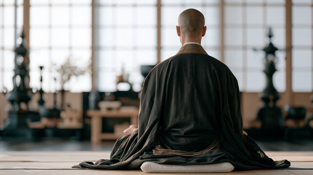 Meditation room in a Zen monastery with a Japanese monk seated perfectly still in zazen before a plain altar, early morning pale light entering through a sliding shoji screen, the