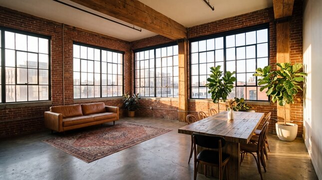 Industrial Loft Interior With Exposed Brick and Steel Windows