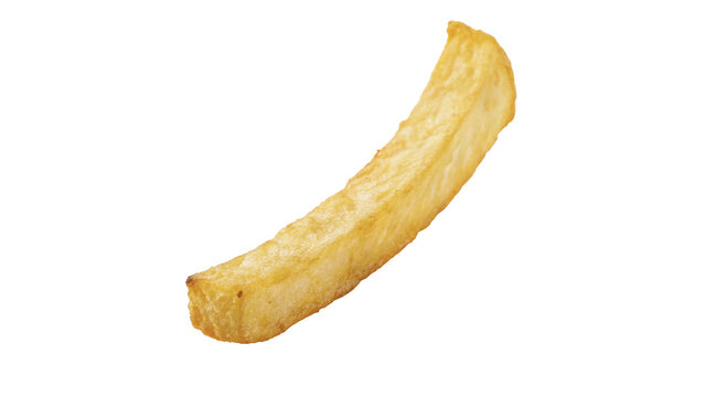 Single golden brown crispy wavy french fry potato snack isolated on transparent background