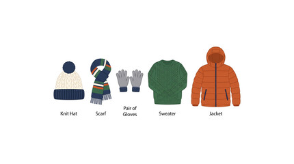 Set of winter clothing accessories including jacket and hat with puffer jacket © MdAzharul