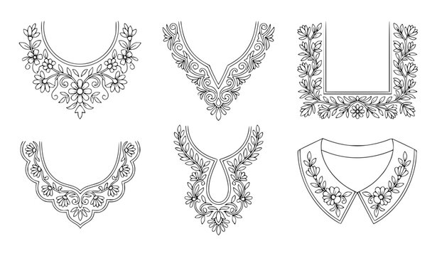 Traditional floral neckline embroidery pattern collection for textile fashion vector design