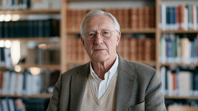 German theologian in a university library surrounded by leather-bound volumes of religious philosophy, academic faith, comparative religion study, seminary scholar, religious