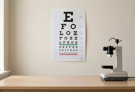 Eye exam and vision health, optometry clinic with eye chart and medical equipment for ophthalmology checkup on a wooden desk in a doctor office