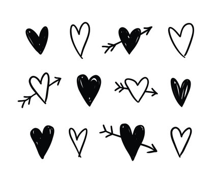 Hand drawn heart doodle set &ndash; love hearts, arrow hearts and romantic sketches