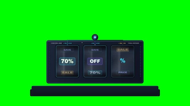 Futuristic promotional machine with three cylindrical neon reels spinning, locking into alignment and generating a glowing 70% OFF hologram 