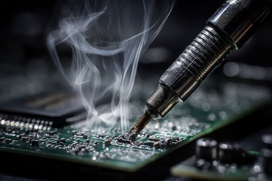 Soldering a microchip processor on a computer circuit board with hot iron tool and smoke. Macro close-up of hardware manufacturing. Concept of electronics repair, engineering, and digital technology
