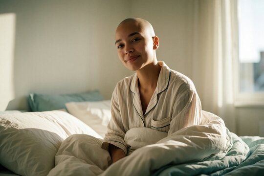 Young bald woman sits in bed at home after chemo treatment. Oncology patient rests under white blanket in sunlit bedroom. Smiling cancer survivor looks forward with hope, strength during morning