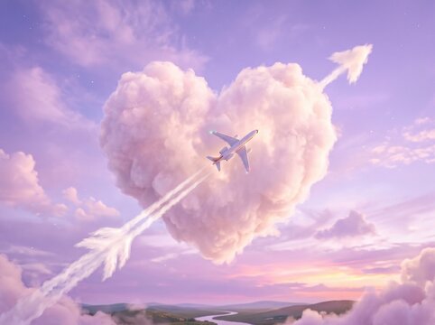 A passenger airplane flying through a heart shaped cloud in the sunset sky.
