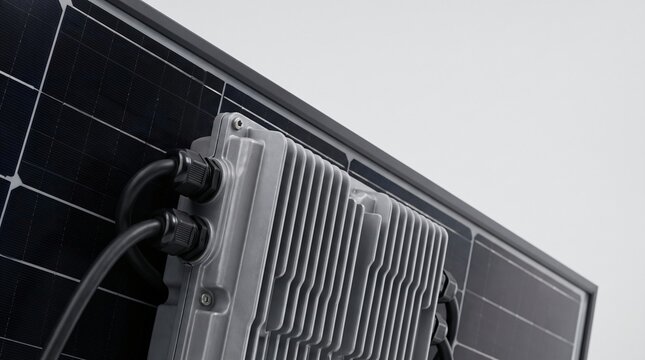 Close-Up of Solar Panel Microinverter and Weatherproof Wiring Connectors on Clean Photovoltaic System for Renewable Energy Generation and Sustainable Industrial Power Architecture