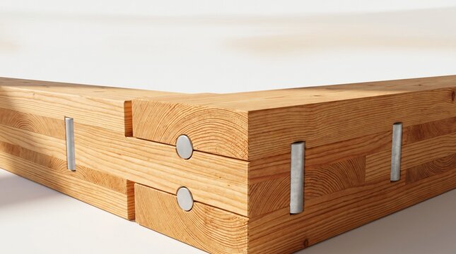 Macro Angle of Precision Machined Cross Laminated Timber CLT Structural Joinery with Exposed Wood Grain and Steel Connecting Dowels for Modern Sustainable Architecture