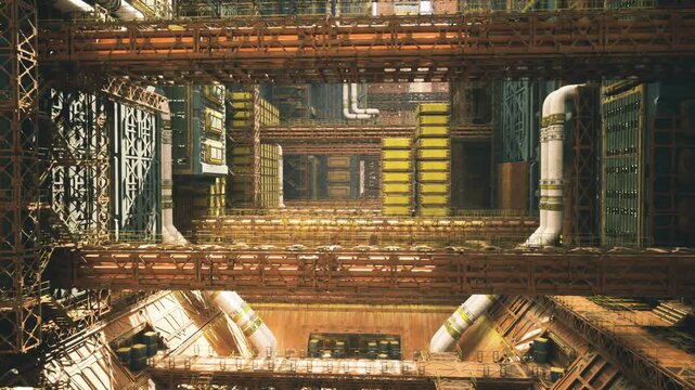Vast mechanical cathedral chamber with vaulted pipes, massive girders and layered catwalks, yellow storage modules and heavy conduit, dramatic light piercing