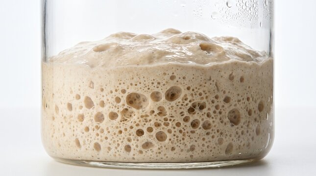 Side View Close-Up of Active Fermenting Sourdough Yeast Starter with Abundant Aerated Bubbles Inside Transparent Cylinder Glass Jar with Clean Neutral Background