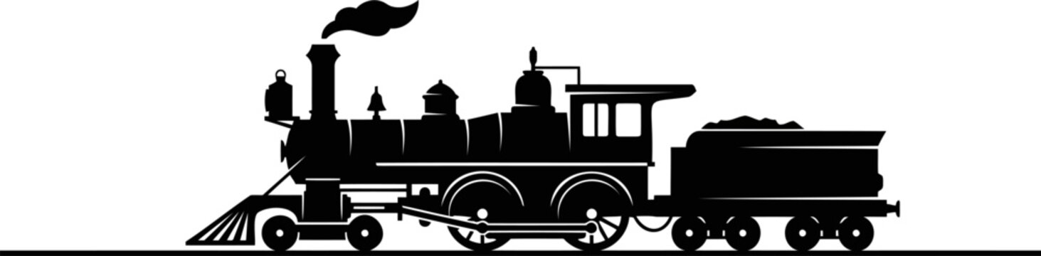 Vintage steam locomotive train silhouette with smoke and tender car for classic railway transport history and industrial revolution era nostalgia graphic design.