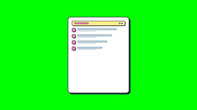 Cartoon checklist task list notepad with colorful header and checkmarks on green screen