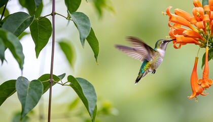 Fototapeta premium Hummingbird feeding on vibrant orange flower nectar in lush garden environment