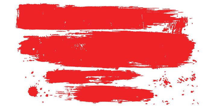 Set of red grunge paint brush strokes and splatter marks. Horizontal ink smear lines design element