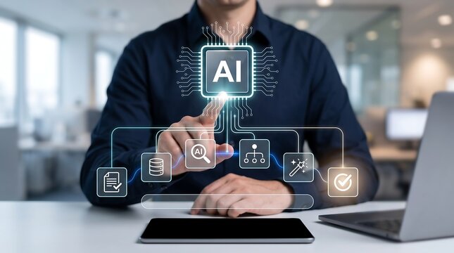 Businessman activating artificial intelligence holographic dashboard with smart circuit icons and digital workflow tools in modern office for business data optimization technology