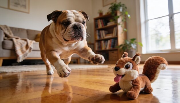 Bulldog running across hardwood floor chasing stuffed squirrel toy in living room
