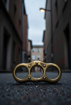Urban violence and crime prevention, brass knuckles on asphalt street in dark alleyway danger and illegal weapon possession in city
