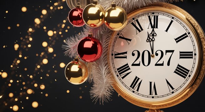 Vintage clock showing 2027 year with festive christmas ornaments and golden bokeh lights countdown clock holiday decorations time passing