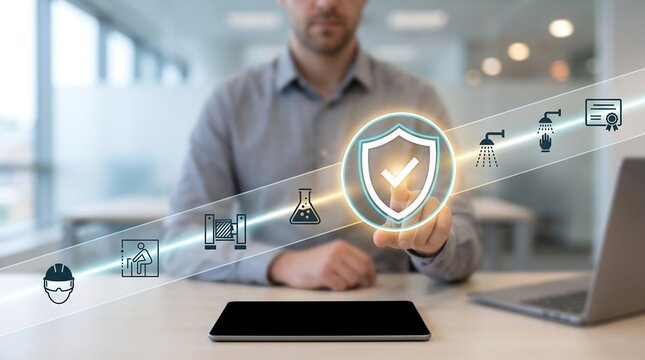 Corporate professional interacting with holographic safety and compliance verification dashboard featuring industrial and laboratory icons for rigorous workplace standards management