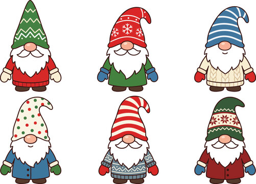 Six whimsical gnomes with colorful knit hats and coats vector illustration