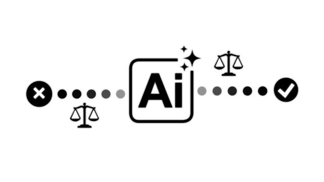 Businessman holding AI technology concept with legal scales, right and wrong symbols. with white background 4k animation