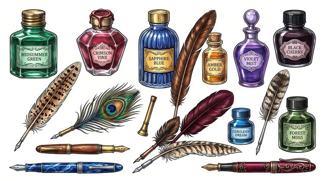 Vintage ink bottles and quill fountain pens collection retro calligraphy stationery